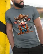 Funny Cowboy Cow Cartoon Western Character Art Graphic T Shirt - model wearing grey tee, leaning on column