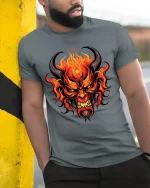 Flaming Demon Face Dark Fantasy Fire Art Graphic T Shirt - model wearing grey tee, leaning on column