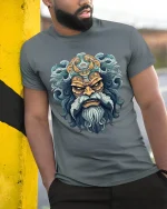 Ancient Warrior King Face Mythic Art Graphic T Shirt - model wearing grey tee, leaning on column