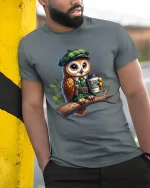 Cute Owl Wearing Outfit Holding Coffee Cartoon Art T Shirt - model wearing grey tee, leaning on column