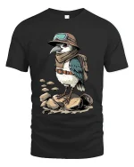 Adventurous Explorer Bird Cartoon Vintage Travel Graphic T Shirt - black t-shirt on white background