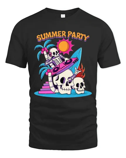 Summer Party Skeleton Surf DJ Cartoon Graphic T Shirt - black t-shirt on white background