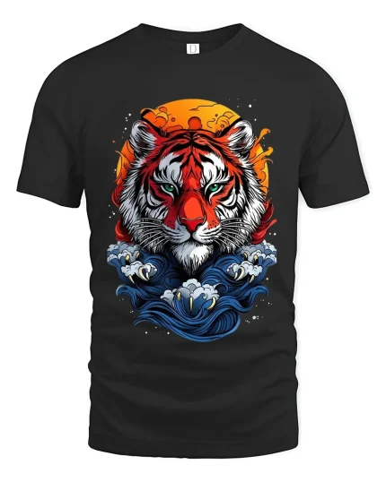 Fierce Tiger Moon Art Graphic Tee Shirt Bold Wild Style - black t-shirt on white background
