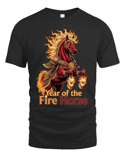 Year of the Fire Horse Flaming Warrior Art Graphic T Shirt - black t-shirt on white background