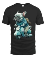 Cool French Bulldog Riding Scooter Vintage Style Graphic Tee - black t-shirt on white background