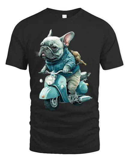 Cool French Bulldog Riding Scooter Vintage Style Graphic Tee - black t-shirt on white background
