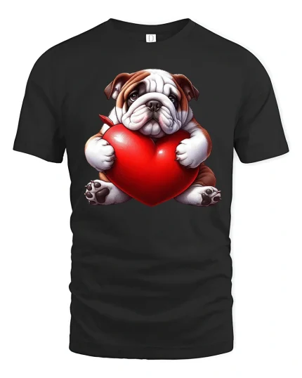 Cute Bulldog Hugging Heart Love Illustration Graphic Tee Shirt - black t-shirt on white background