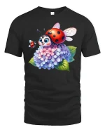 Cute Ladybug On Hydrangea Flowers Cartoon Art Graphic Tee Shirt - black t-shirt on white background