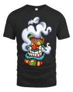 Funny Smoking Tiki Mask Cartoon Tribal Art Graphic T Shirt - black t-shirt on white background