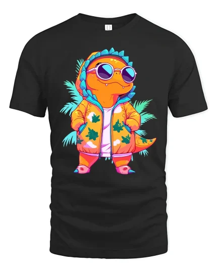 Cool Dinosaur Street Style Cartoon Graphic T Shirt - black t-shirt on white background