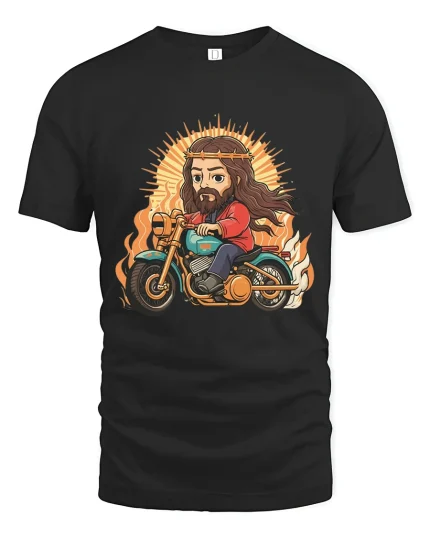 Holy Rider Motorcycle Cartoon Graphic T Shirt With Fire - black t-shirt on white background