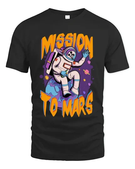 Mission To Mars Astronaut Skull Cartoon Space Graphic T Shirt - black t-shirt on white background