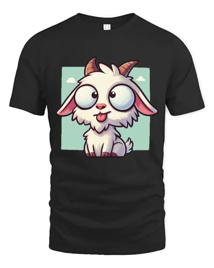 Cute Funny Goat Cartoon Big Eyes Kawaii Animal Graphic T Shirt - black t-shirt on white background