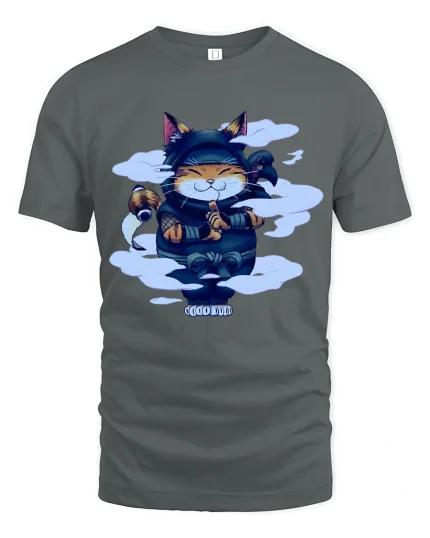 Cute Ninja Cat Cartoon Kawaii Martial Arts Graphic T Shirt - gray t-shirt on white background