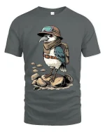 Adventurous Explorer Bird Cartoon Vintage Travel Graphic T Shirt - gray t-shirt on white background