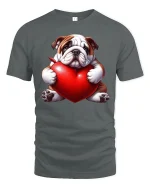 Cute Bulldog Hugging Heart Love Illustration Graphic Tee Shirt - gray t-shirt on white background