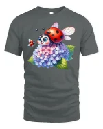 Cute Ladybug On Hydrangea Flowers Cartoon Art Graphic Tee Shirt - gray t-shirt on white background