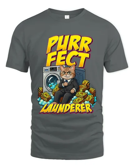 Purrfect Launderer Funny Cat Cartoon Money Graphic T Shirt - gray t-shirt on white background
