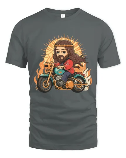 Holy Rider Motorcycle Cartoon Graphic T Shirt With Fire - gray t-shirt on white background