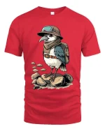 Adventurous Explorer Bird Cartoon Vintage Travel Graphic T Shirt - red t-shirt on white background
