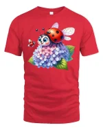 Cute Ladybug On Hydrangea Flowers Cartoon Art Graphic Tee Shirt - red t-shirt on white background