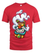 Funny Smoking Tiki Mask Cartoon Tribal Art Graphic T Shirt - red t-shirt on white background