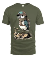 Adventurous Explorer Bird Cartoon Vintage Travel Graphic T Shirt - military green t-shirt on white background