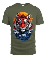 Fierce Tiger Moon Art Graphic Tee Shirt Bold Wild Style - military green t-shirt on white background