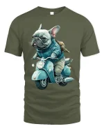 Cool French Bulldog Riding Scooter Vintage Style Graphic Tee - military green t-shirt on white background