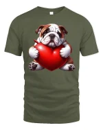 Cute Bulldog Hugging Heart Love Illustration Graphic Tee Shirt - military green t-shirt on white background