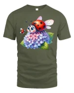 Cute Ladybug On Hydrangea Flowers Cartoon Art Graphic Tee Shirt - military green t-shirt on white background