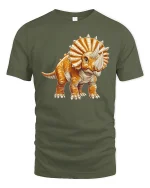 Cute Triceratops Dinosaur Cartoon Illustration Adorable Graphic Tee - military green t-shirt on white background
