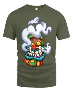 Funny Smoking Tiki Mask Cartoon Tribal Art Graphic T Shirt - military green t-shirt on white background