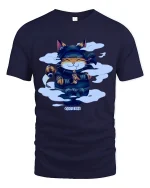 Cute Ninja Cat Cartoon Kawaii Martial Arts Graphic T Shirt - navy t-shirt on white background