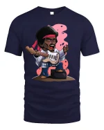 Legendary Rock Guitar Player Cartoon Vintage Music Graphic T Shirt - navy t-shirt on white background
