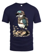 Adventurous Explorer Bird Cartoon Vintage Travel Graphic T Shirt - navy t-shirt on white background