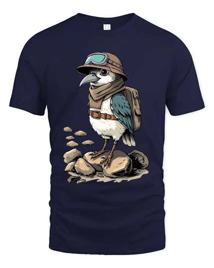 Adventurous Explorer Bird Cartoon Vintage Travel Graphic T Shirt - navy t-shirt on white background