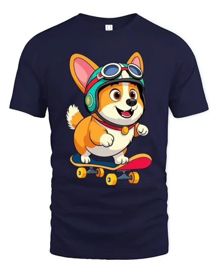 Cute Skateboarding Corgi Cartoon Adventure Graphic T Shirt - navy t-shirt on white background