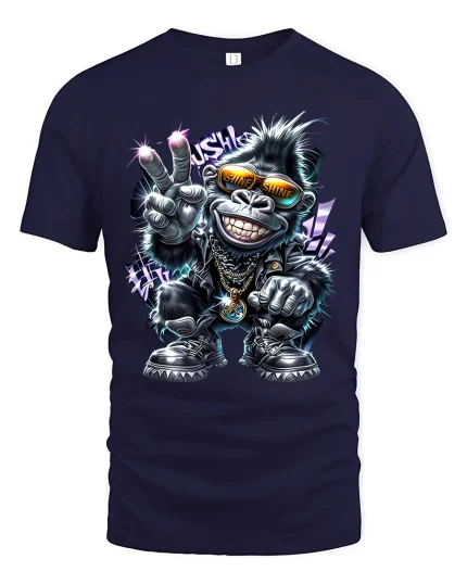 Cool Gorilla Street Style Cartoon Shine Graphic T Shirt - navy t-shirt on white background