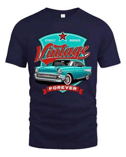 Vintage Classic Car Street Rod Forever Graphic Tee Shirt - navy t-shirt on white background