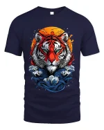 Fierce Tiger Moon Art Graphic Tee Shirt Bold Wild Style - navy t-shirt on white background