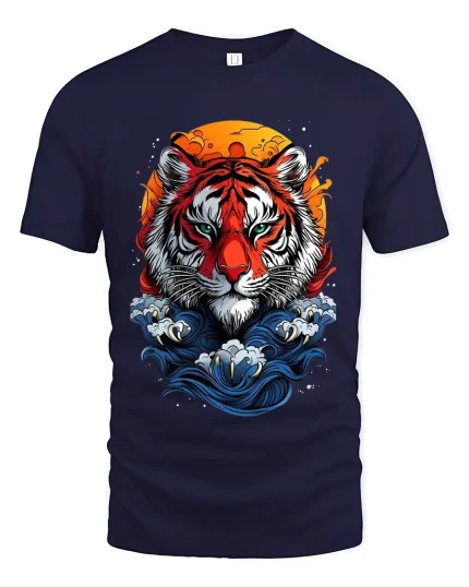 Fierce Tiger Moon Art Graphic Tee Shirt Bold Wild Style - navy t-shirt on white background