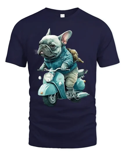 Cool French Bulldog Riding Scooter Vintage Style Graphic Tee - navy t-shirt on white background