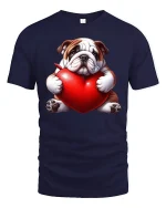 Cute Bulldog Hugging Heart Love Illustration Graphic Tee Shirt - navy t-shirt on white background