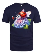 Cute Ladybug On Hydrangea Flowers Cartoon Art Graphic Tee Shirt - navy t-shirt on white background