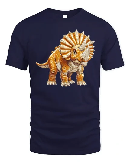 Cute Triceratops Dinosaur Cartoon Illustration Adorable Graphic Tee - navy t-shirt on white background