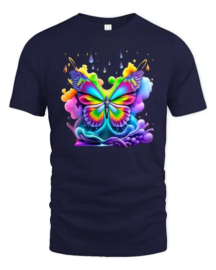 Colorful Rainbow Butterfly Art Illustration Vibrant Graphic Tee - navy t-shirt on white background