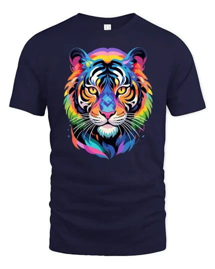 Colorful Rainbow Tiger Face Art Illustration Bold Graphic Tee - navy t-shirt on white background