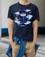 Cute Ninja Cat Cartoon Kawaii Martial Arts Graphic T Shirt - model wearing navy tee with hands in pockets