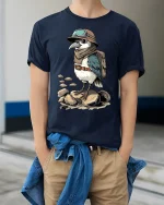 Adventurous Explorer Bird Cartoon Vintage Travel Graphic T Shirt - model wearing navy tee with hands in pockets